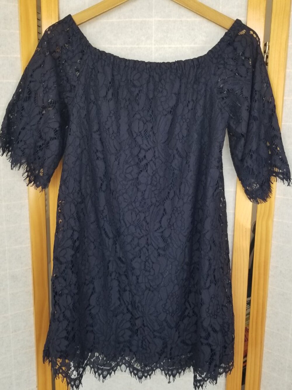 Do+Be Navy Blue Mini Dress Size Small Lace Off-Shoulder Lined - Picture 3 of 11